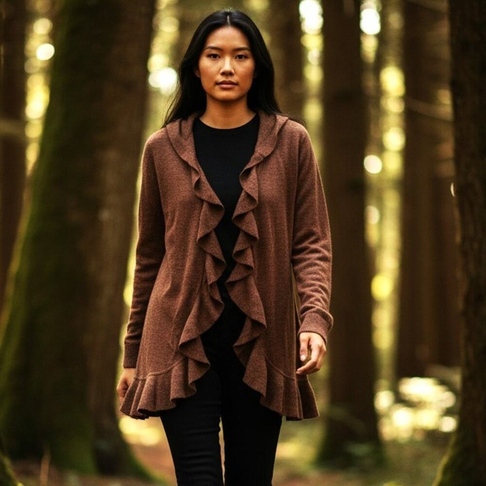 One World Cardigan Sweater Womens Large Brown Ruffle Hem Open Duster Soft Girl